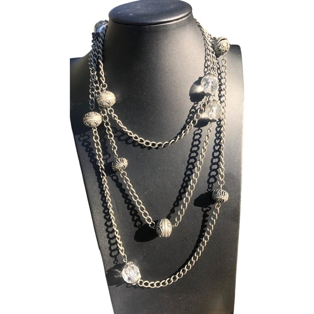 Vtg Silver Tone Station Bead Necklace Faceted Acrylic & Tibet Style Metal Beads